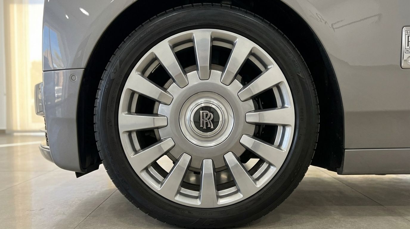 A close-up view of the elegant multi-spoke wheel and tire of the metallic grey Rolls-Royce Phantom in Mallorca.