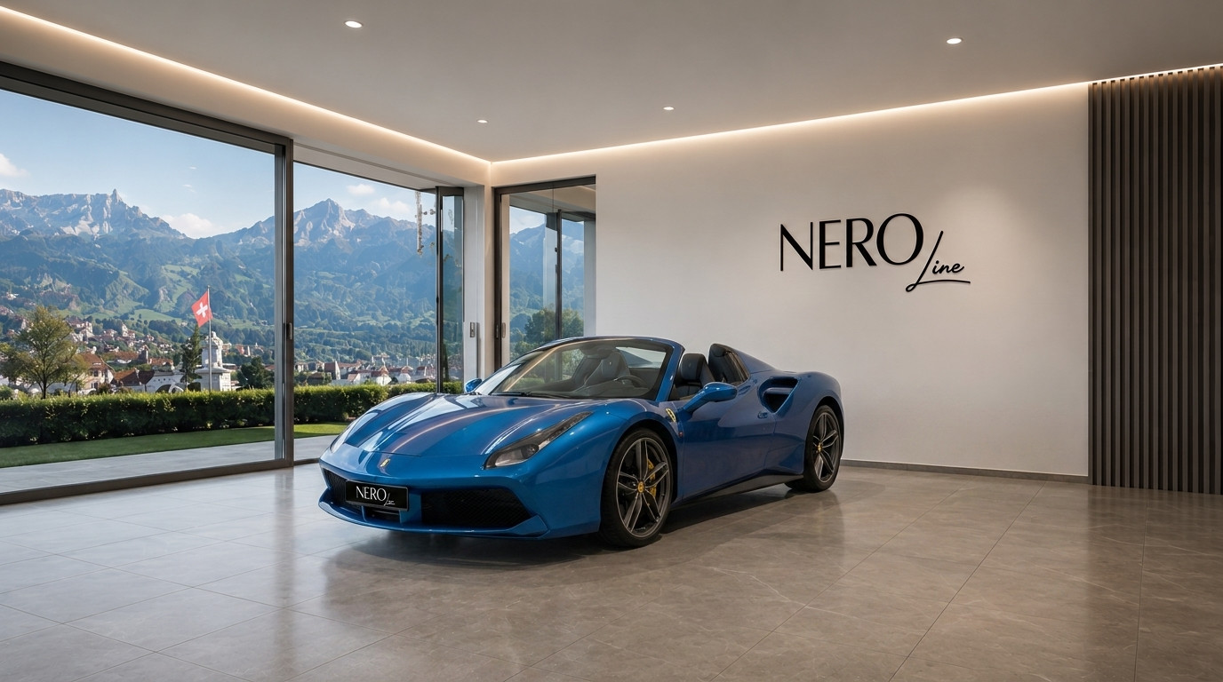 Ferrari 488 GTB Spider — Showroom, Zurich A blue Ferrari 488 GTB Spider convertible is parked in a modern showroom with large windows overlooking mountains in Zurich.