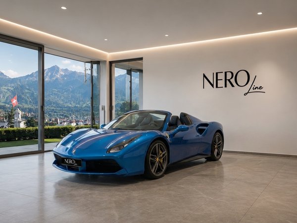 Ferrari 488 GTB Spider — Showroom, Zurich A blue Ferrari 488 GTB Spider convertible is parked in a modern showroom with large windows overlooking mountains in Zurich.