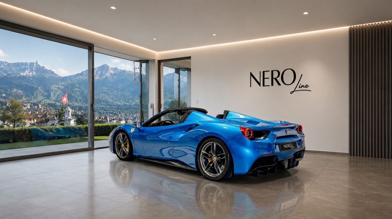 A vibrant blue Ferrari 488 GTB Spider is parked in a modern showroom, with a stunning view of the Zurich mountains through large windows.
