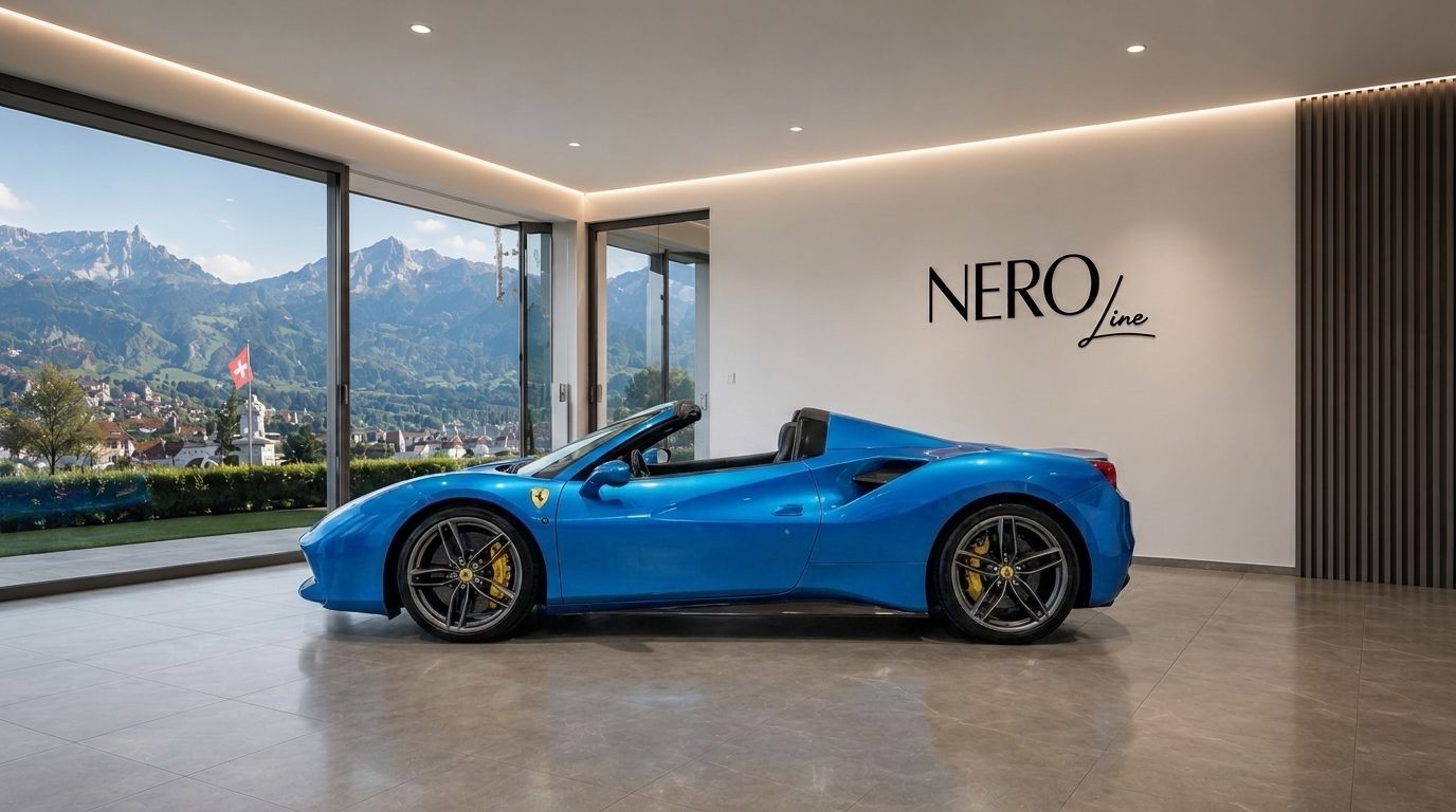 A vibrant blue Ferrari 488 GTB Spider with its top down, showcased in a modern showroom overlooking the scenic mountains of Zurich.