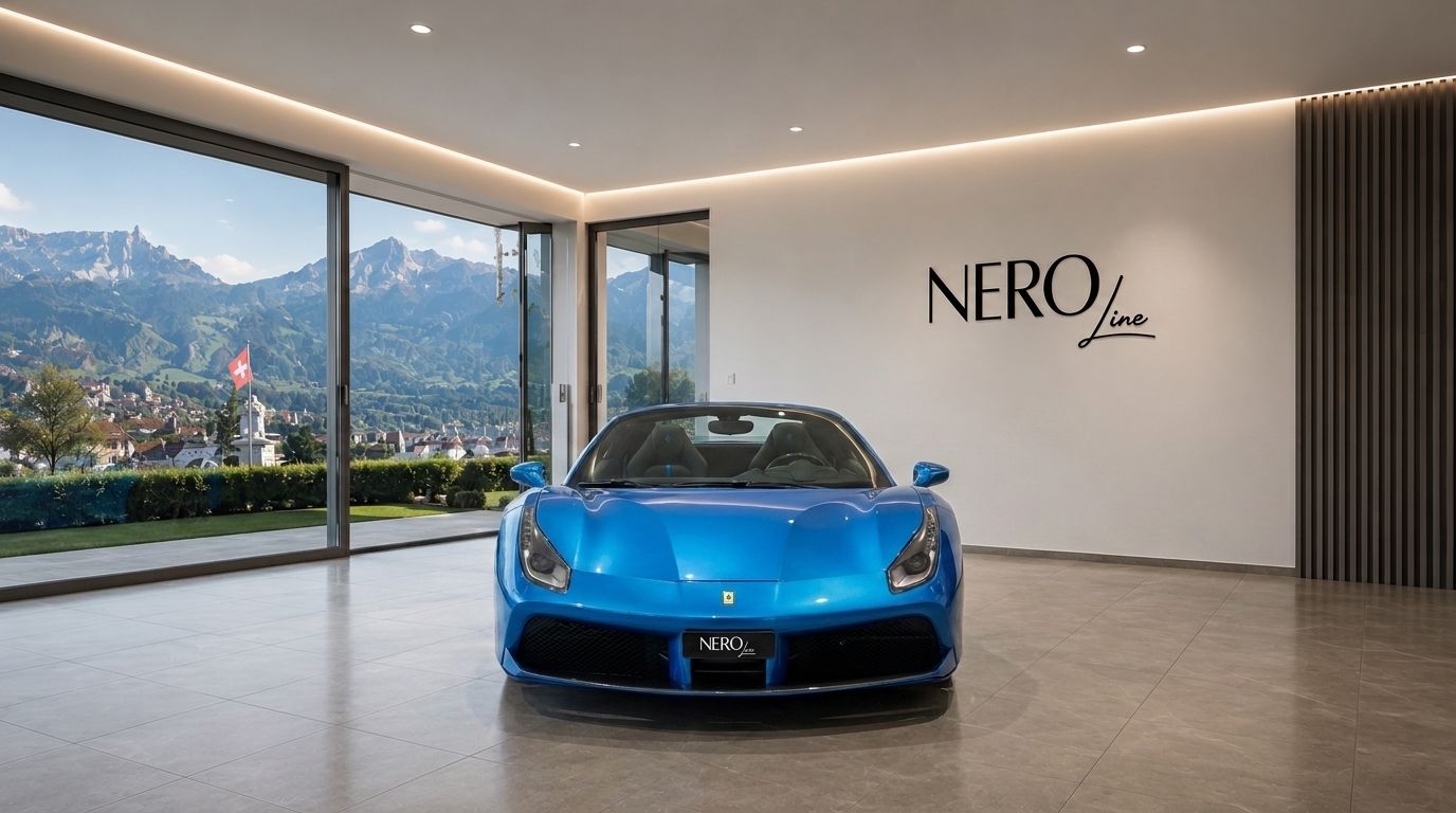 The blue Ferrari 488 GTB Spider is parked in a luxury showroom with a panoramic view of the Zurich mountains.