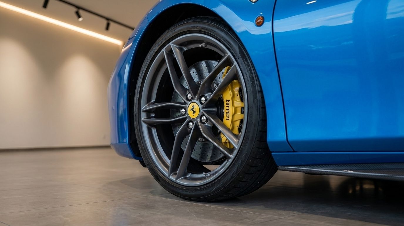 Close-up of the blue Ferrari 488 GTB Spider's front wheel, featuring a grey rim and yellow brake caliper in Zurich.