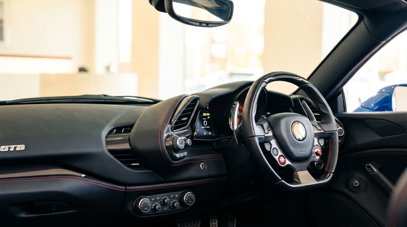 The Ferrari 488 GTB Spider's luxurious cockpit, featuring a black leather dashboard, sporty steering wheel, and digital display.