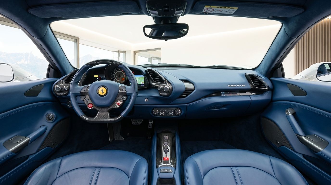 The blue interior of the Ferrari 488 GTB Spider in Zurich, showing the steering wheel, dashboard, and seats.