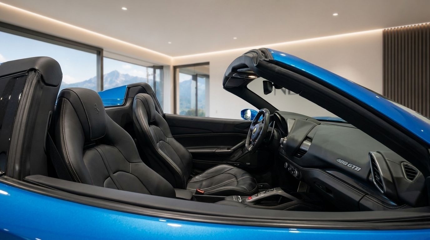 The blue Ferrari 488 GTB Spider's black leather interior, including seats and dashboard, is shown with Zurich mountains in the background.