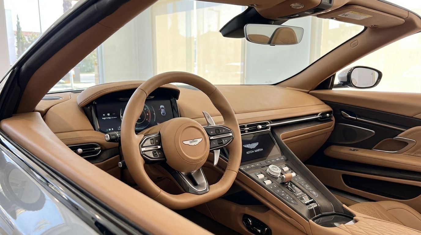المقصورة الداخلية الفاخرة من الجلد الأسمر لسيارة أستون مارتن DB12 فولانتي في إيبيزا، تظهر عجلة القيادة ولوحة القيادة والكونسول المركزي.