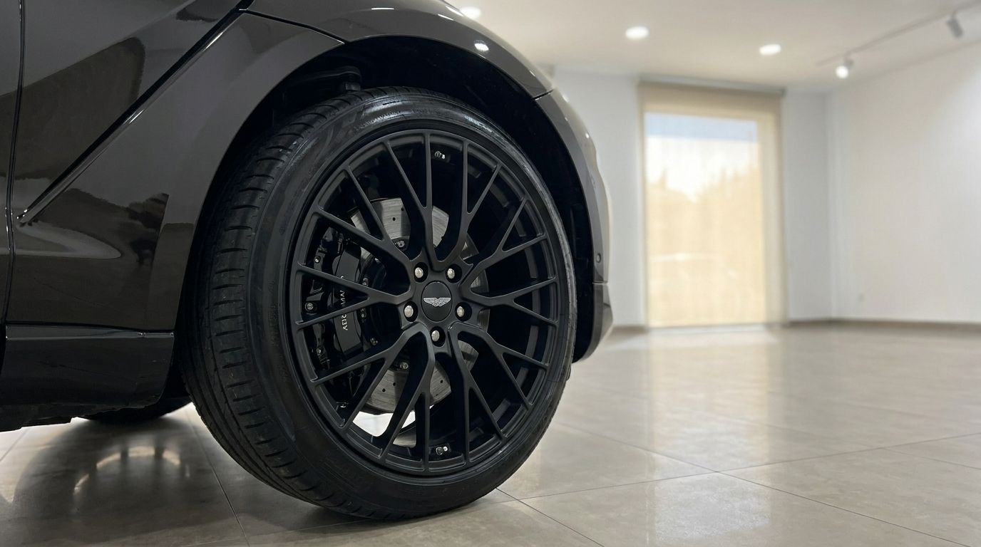 Primer plano de la rueda delantera negra de radios múltiples y el guardabarros del Aston Martin DBX 707, exhibido en Ibiza.
