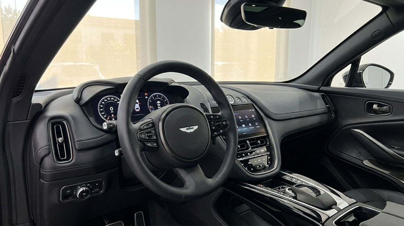 El lujoso interior de cuero negro y el salpicadero del Aston Martin DBX 707, con el volante y la pantalla de infoentretenimiento en Ibiza.