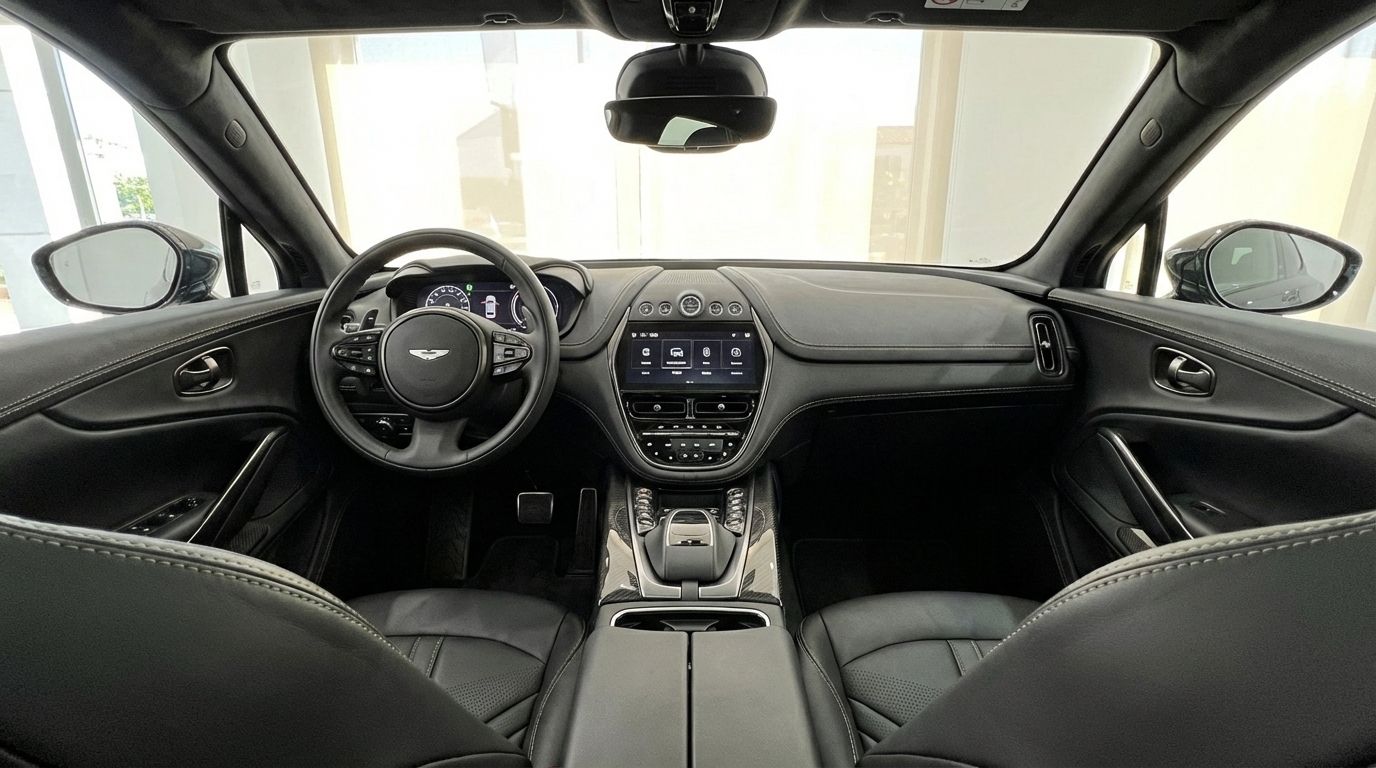 El lujoso interior de cuero negro del Aston Martin DBX 2025, mostrando el salpicadero, volante y asientos delanteros en Madrid.