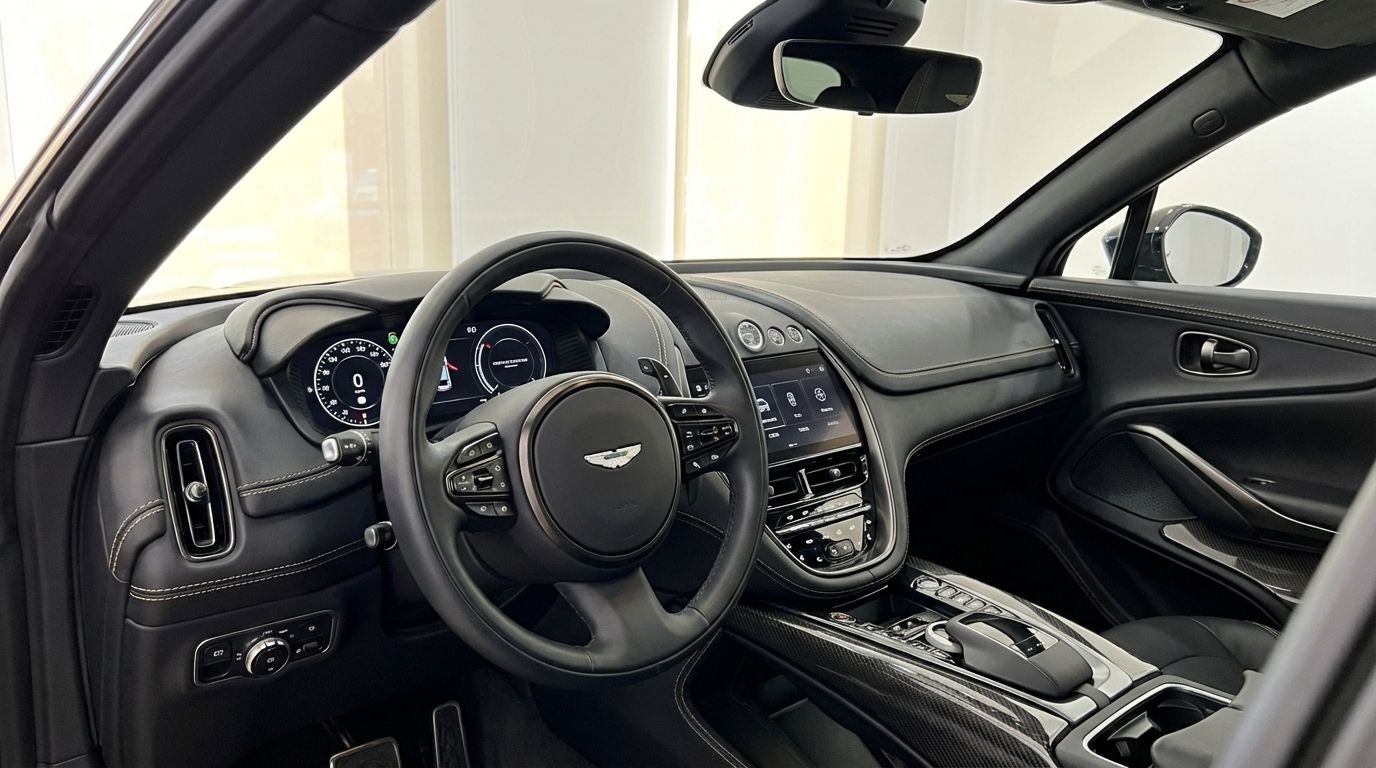 El lujoso interior negro del Aston Martin DBX, mostrando el volante, el salpicadero digital y la consola central en Madrid.