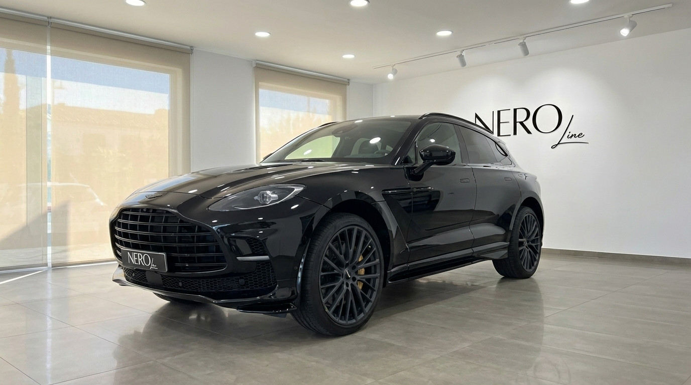 Aston Martin DBX — Vista frontal en showroom de Madrid El Aston Martin DBX negro de 2025 se exhibe desde un ángulo frontal tres cuartos en un luminoso concesionario en Madrid.