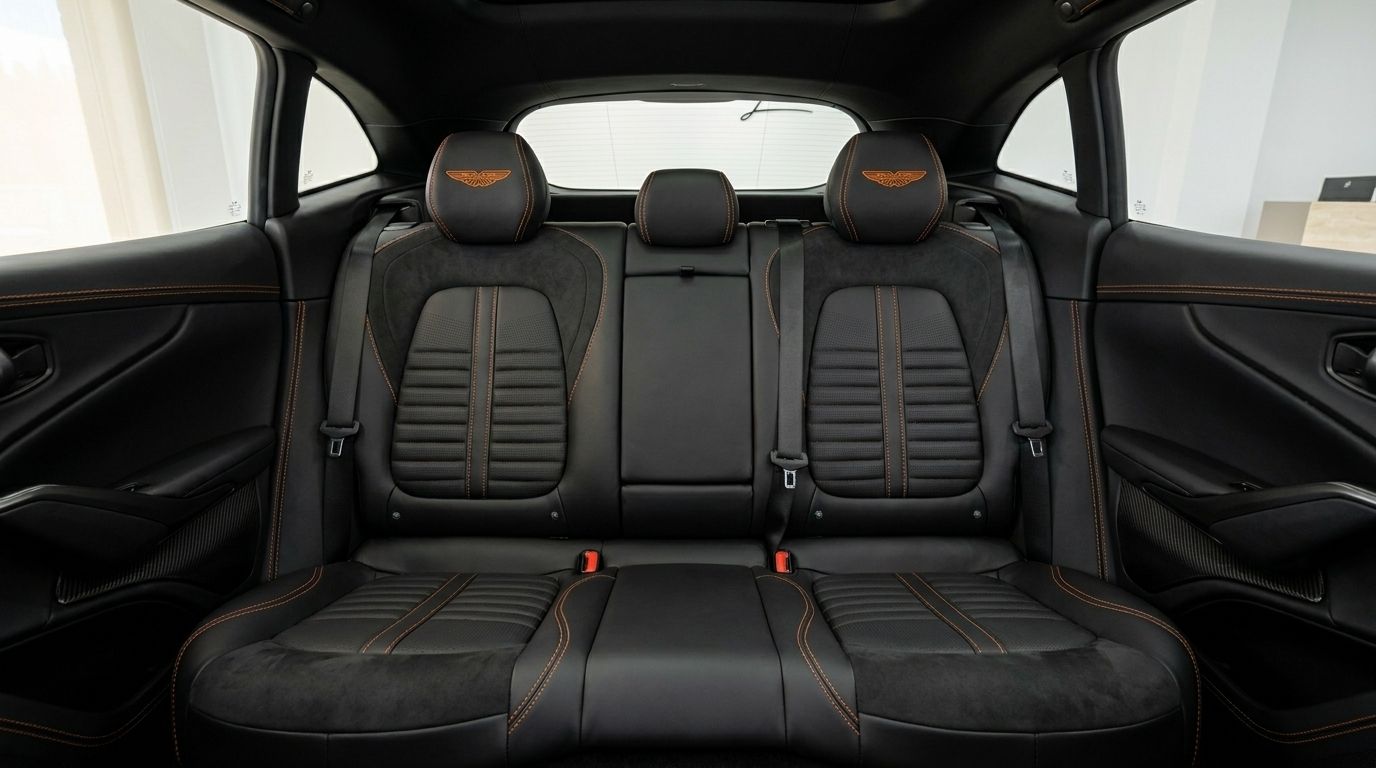 The luxurious black leather and Alcantara rear interior of the Aston Martin DBX707 with orange stitching, available in Madrid.