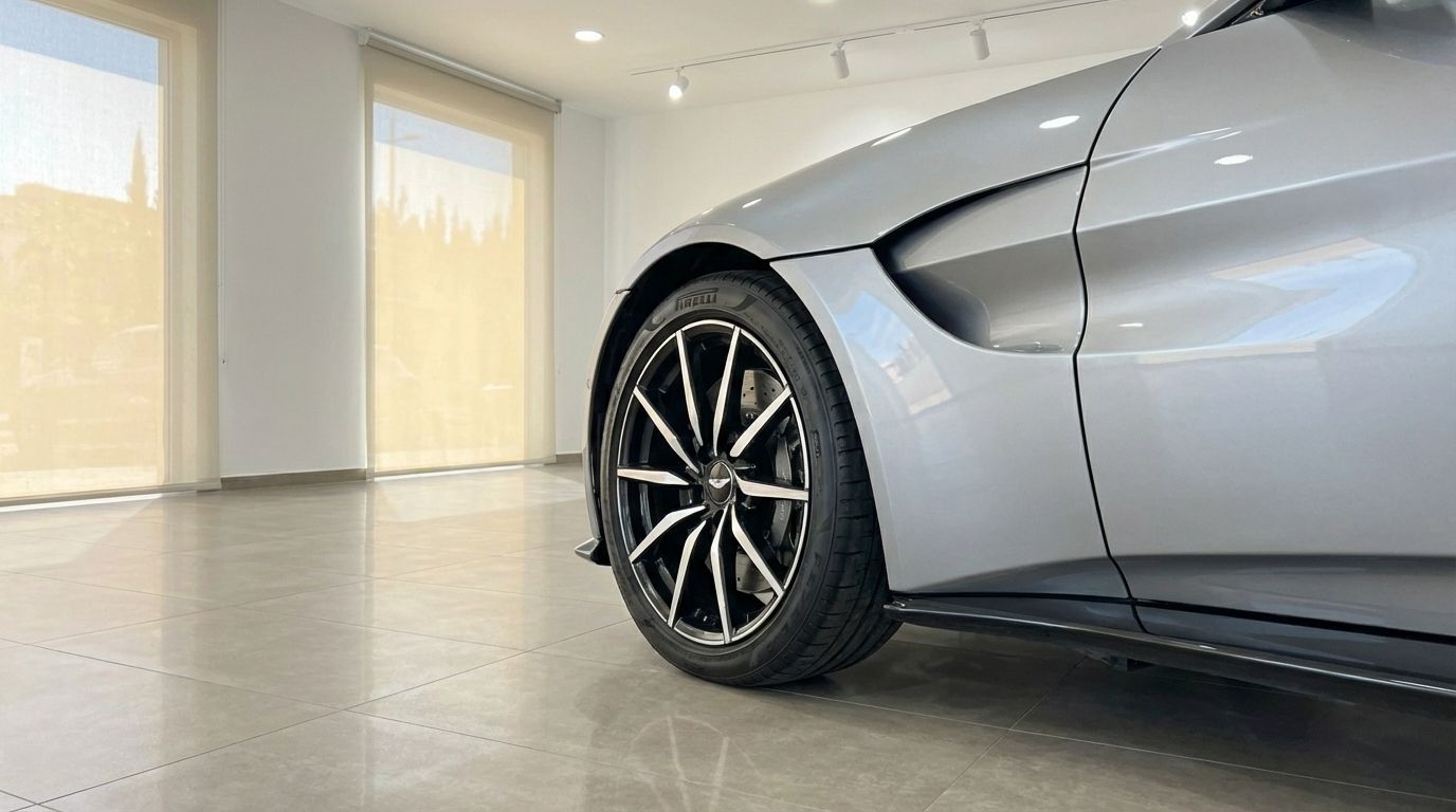 Close-up of the silver grey Aston Martin Vantage V8's front wheel and side body panel in Marbella.