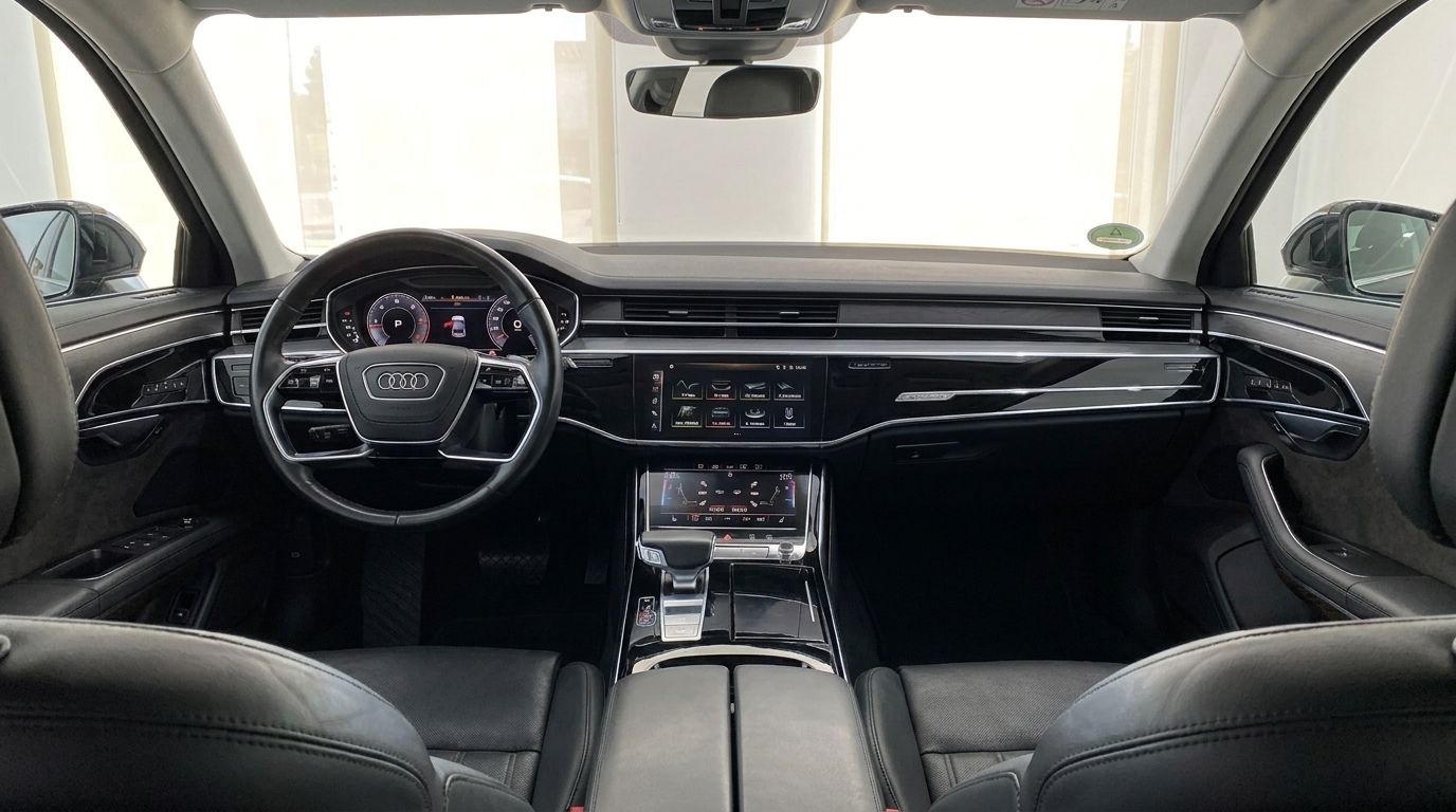 Audi A8 L luxury sedan's elegant cockpit and dashboard, featuring dual touchscreens and steering wheel in Alicante.