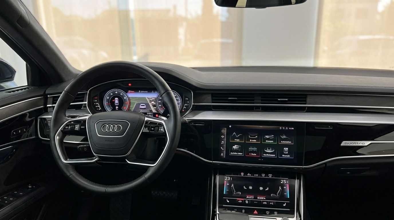 The luxurious interior of the Audi A8 L in Alicante, featuring the steering wheel, digital cockpit, and dual MMI touchscreens.