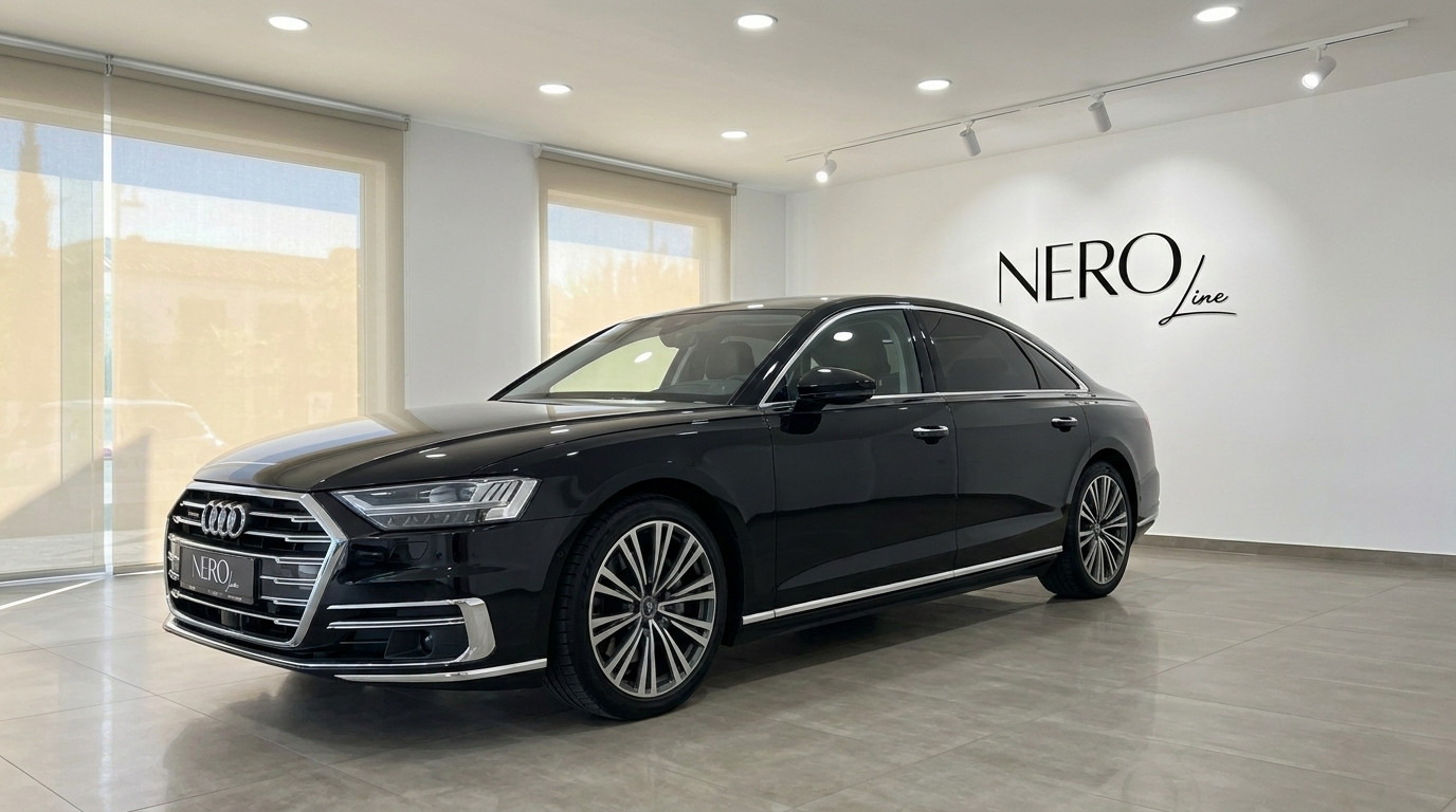 Audi A8 L — Luxury Sedan in Alicante Showroom The black 2021 Audi A8 L luxury sedan is showcased from a front three-quarter view in a showroom in Alicante.