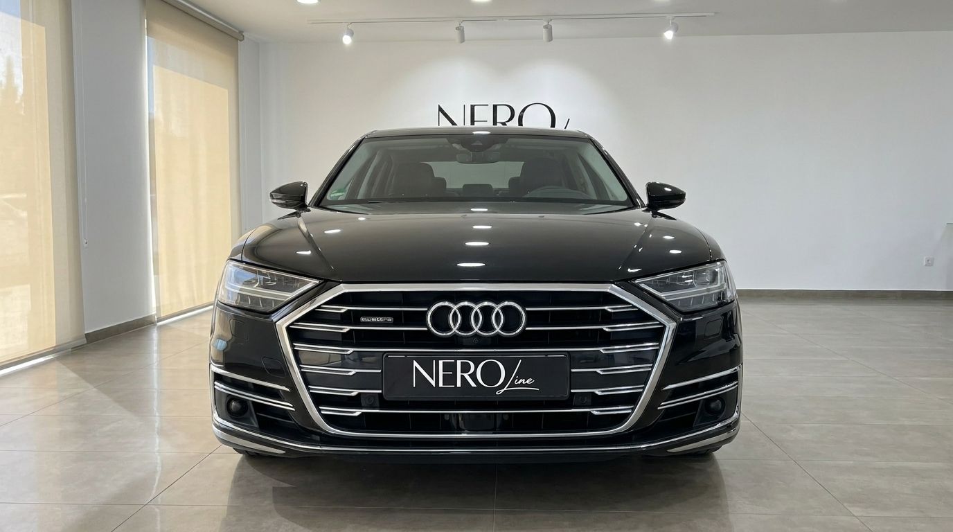 The black 2021 Audi A8 L luxury sedan is shown from a direct front view in a showroom in Alicante.