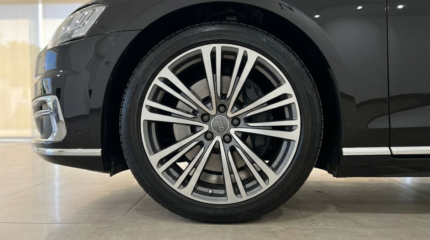 The front wheel and lower bumper of a black Audi A8 L, showcasing the multi-spoke alloy rim in Alicante.