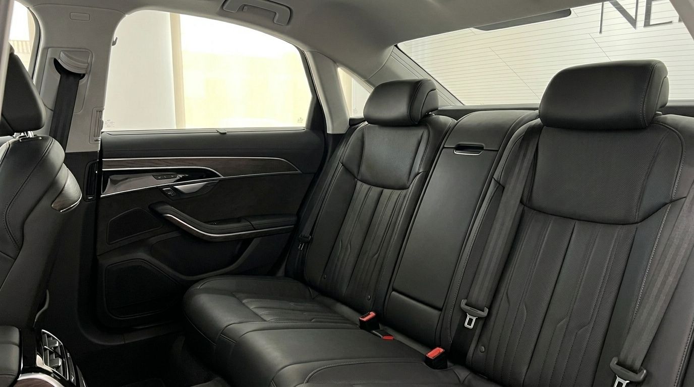 Audi A8 L's luxurious black leather rear seats and door panel with wood trim are visible in Alicante.