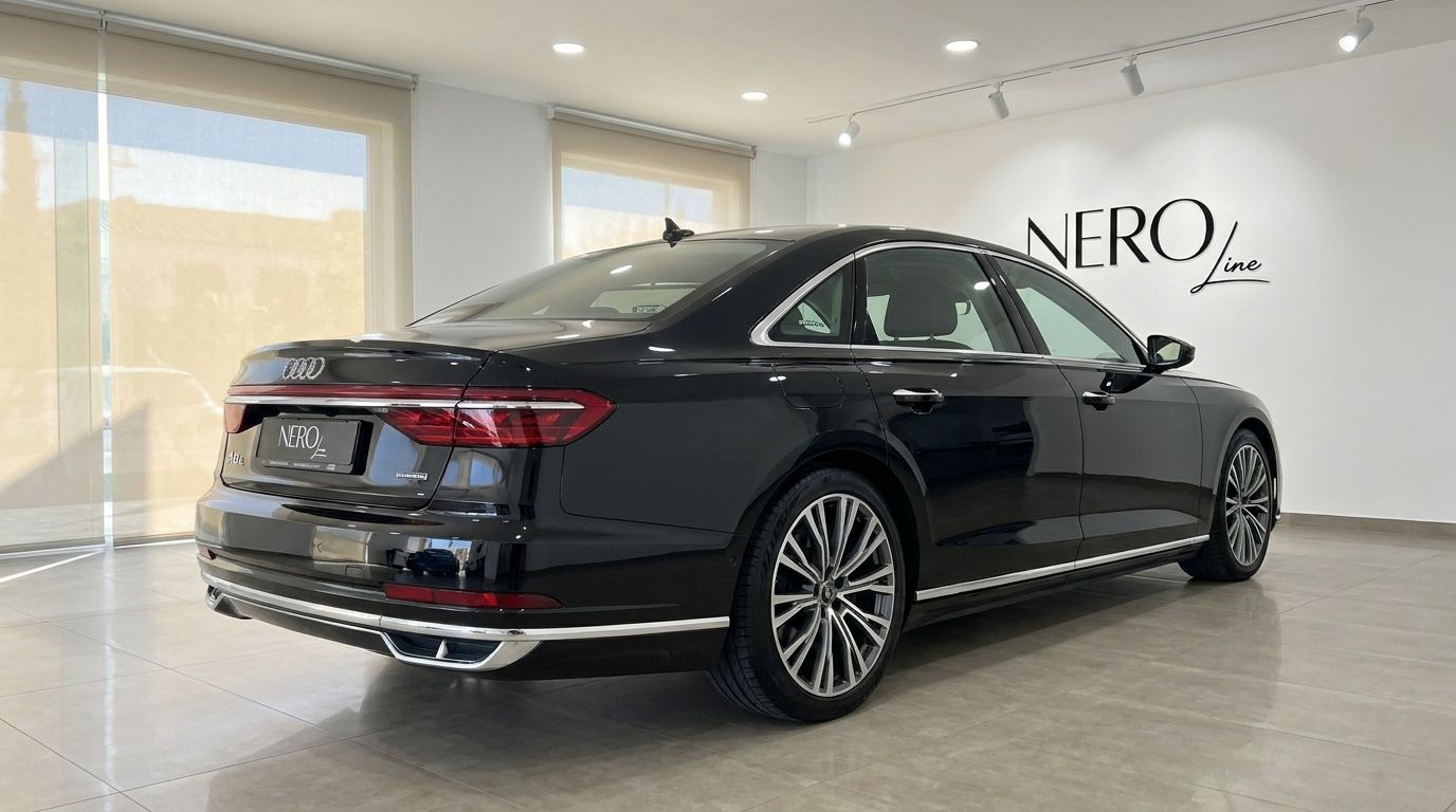 The black 2021 Audi A8 L luxury sedan is showcased from a rear three-quarter angle in a showroom in Alicante.