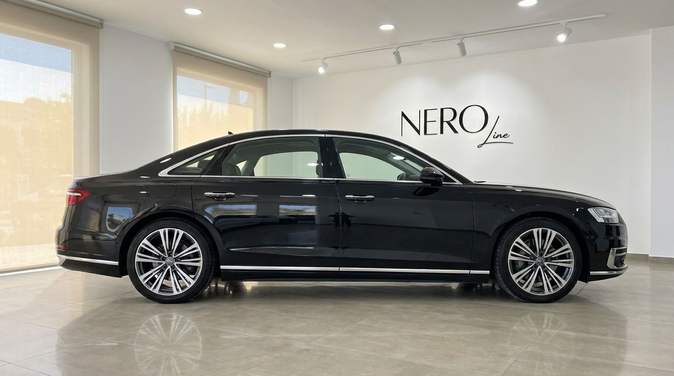 The luxurious black Audi A8 L 2021 is showcased from its elegant side profile in a modern showroom in Alicante.
