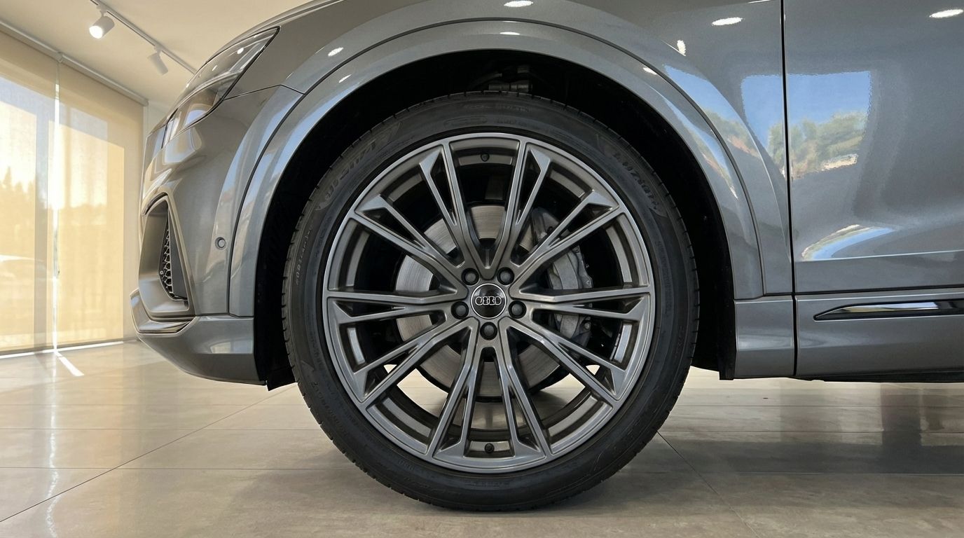 The matte gray 2023 Audi Q8 TDI's front wheel and lower front bumper are visible, showcasing its distinctive alloy rim design in Alicante.