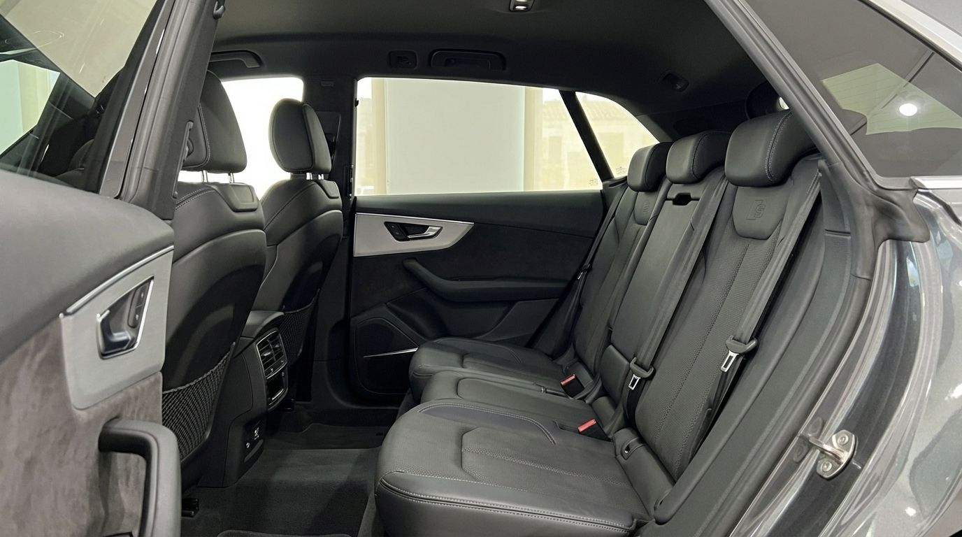 The spacious rear interior of the 2023 Audi Q8 TDI in Alicante, featuring black leather seats and open doors.