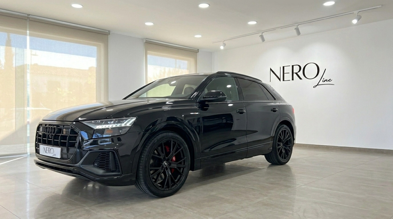 Audi Q8 S-line — SUV Premium en Showroom de Marbella El elegante Audi Q8 S-line negro se exhibe en ángulo frontal tres cuartos en un luminoso showroom de Nero Line en Marbella.