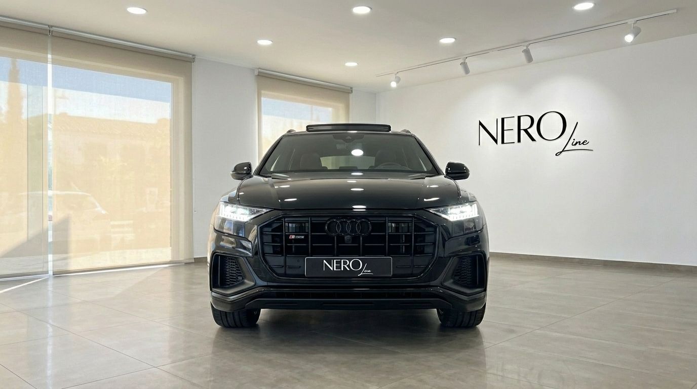 El impresionante Audi Q8 S-line negro se exhibe prominentemente de frente en un luminoso showroom de Marbella, mostrando su audaz diseño.