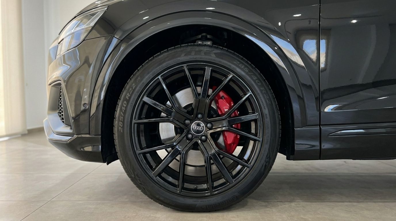 La rueda delantera del Audi Q8 S-line negro en Marbella, mostrando sus llantas negras brillantes y pinzas de freno rojas vibrantes.