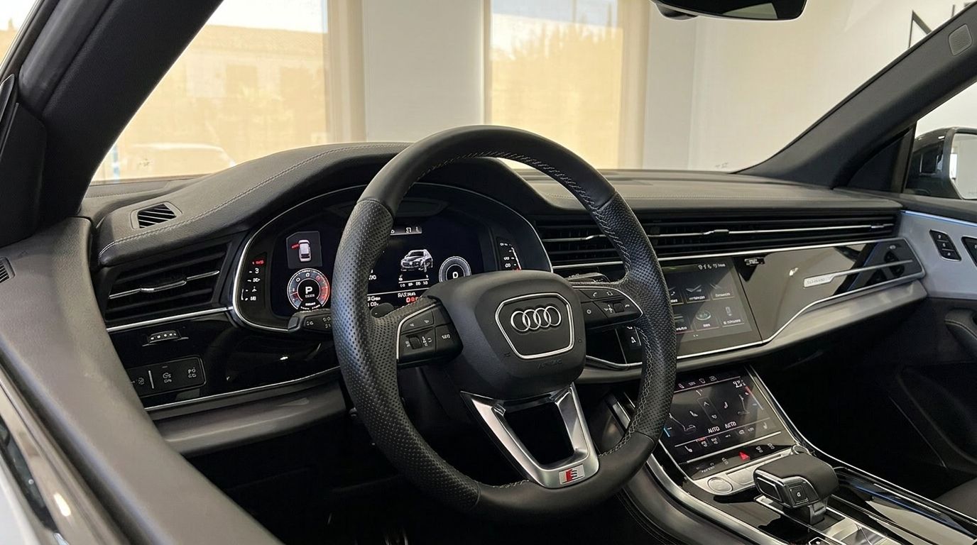 El lujoso interior del Audi Q8 S-line en Marbella, mostrando el volante, el virtual cockpit y las pantallas táctiles dobles.