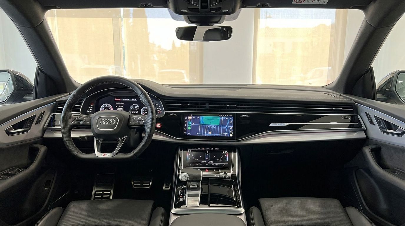 El lujoso habitáculo interior del Audi Q8 S-line en Marbella, con el volante, el salpicadero digital y las pantallas táctiles MMI duales.