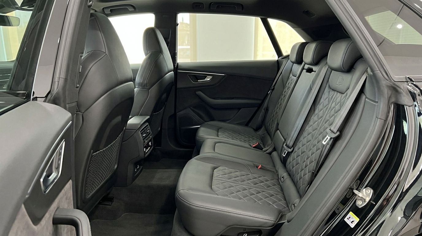 Los lujosos asientos traseros de cuero negro con costuras de diamante del Audi Q8 S-line, disponible para alquilar en Marbella.
