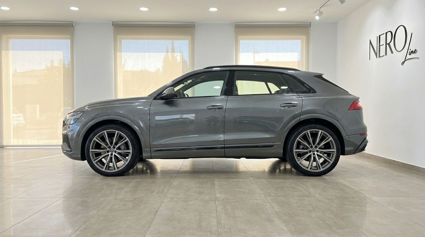The matte gray Audi Q8 TDI is shown from its side profile in a showroom in Alicante.