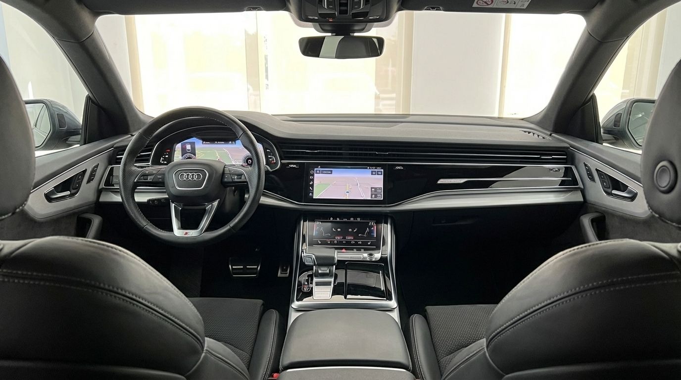 The luxurious interior of the 2023 Audi Q8 TDI in Alicante, showcasing the sophisticated dashboard, digital screens, and leather steering wheel.