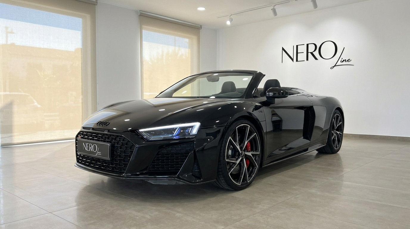 Audi R8 Spyder — Vista frontal tres cuartos en showroom Un Audi R8 Spyder descapotable negro brillante está aparcado en un luminoso concesionario, visto desde un ángulo frontal tres cuartos en Marbella.