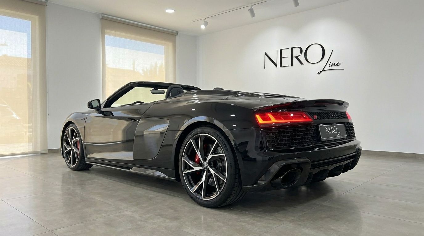 El elegante Audi R8 Spyder descapotable negro se exhibe desde un ángulo trasero tres cuartos, estacionado en el interior en Marbella.