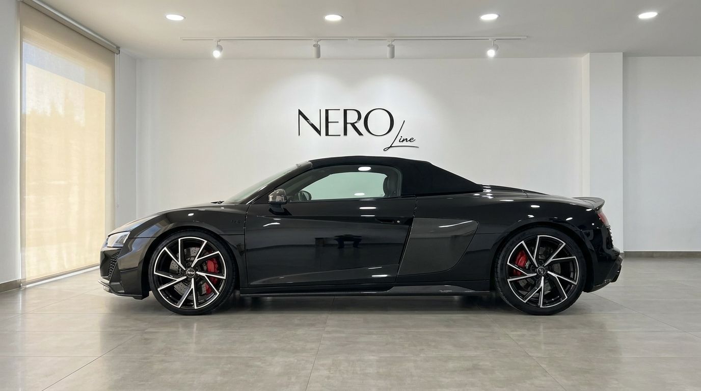 Un Audi R8 Spyder convertible negro brillante de 2020 está estacionado de lado en un showroom en Marbella.