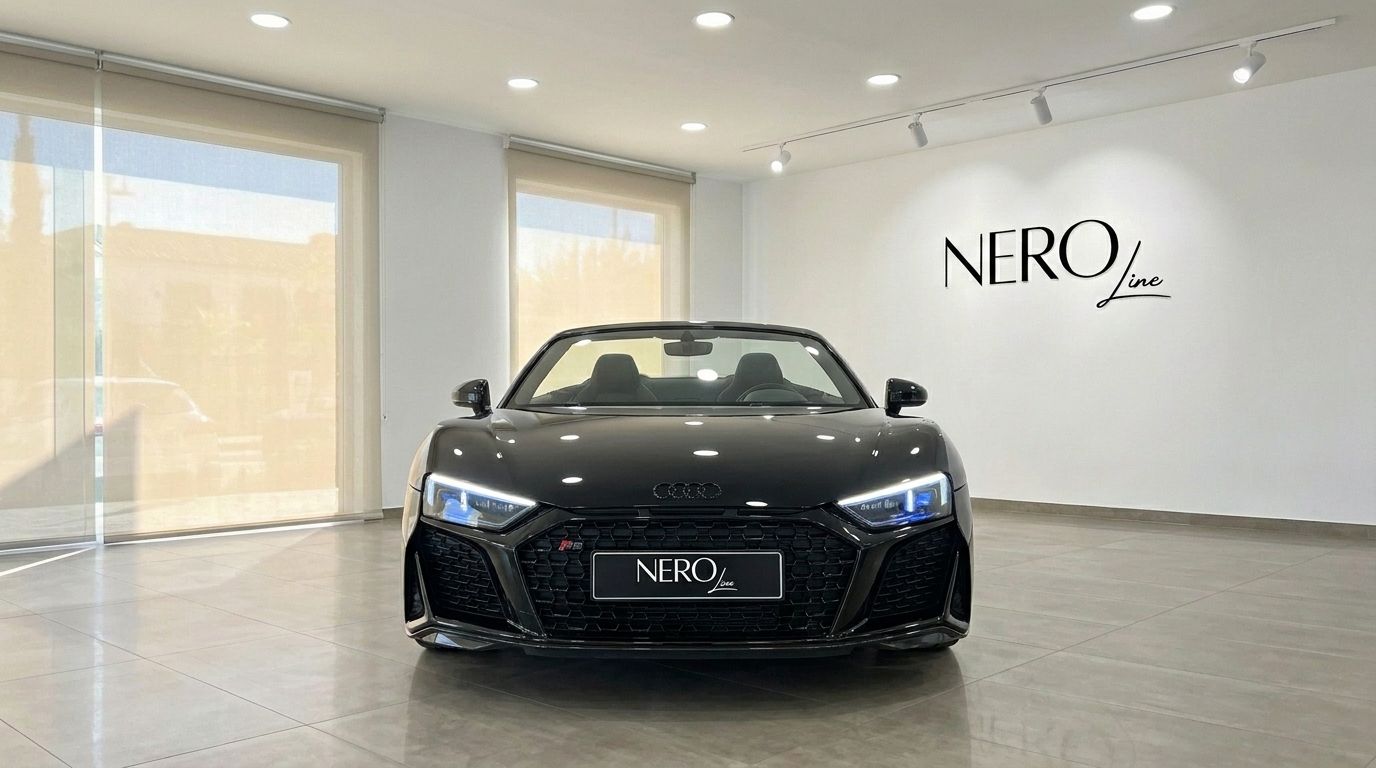 El convertible Audi R8 Spyder negro 2020 se exhibe desde una vista frontal en un luminoso showroom con el logo de NEROline en Marbella.