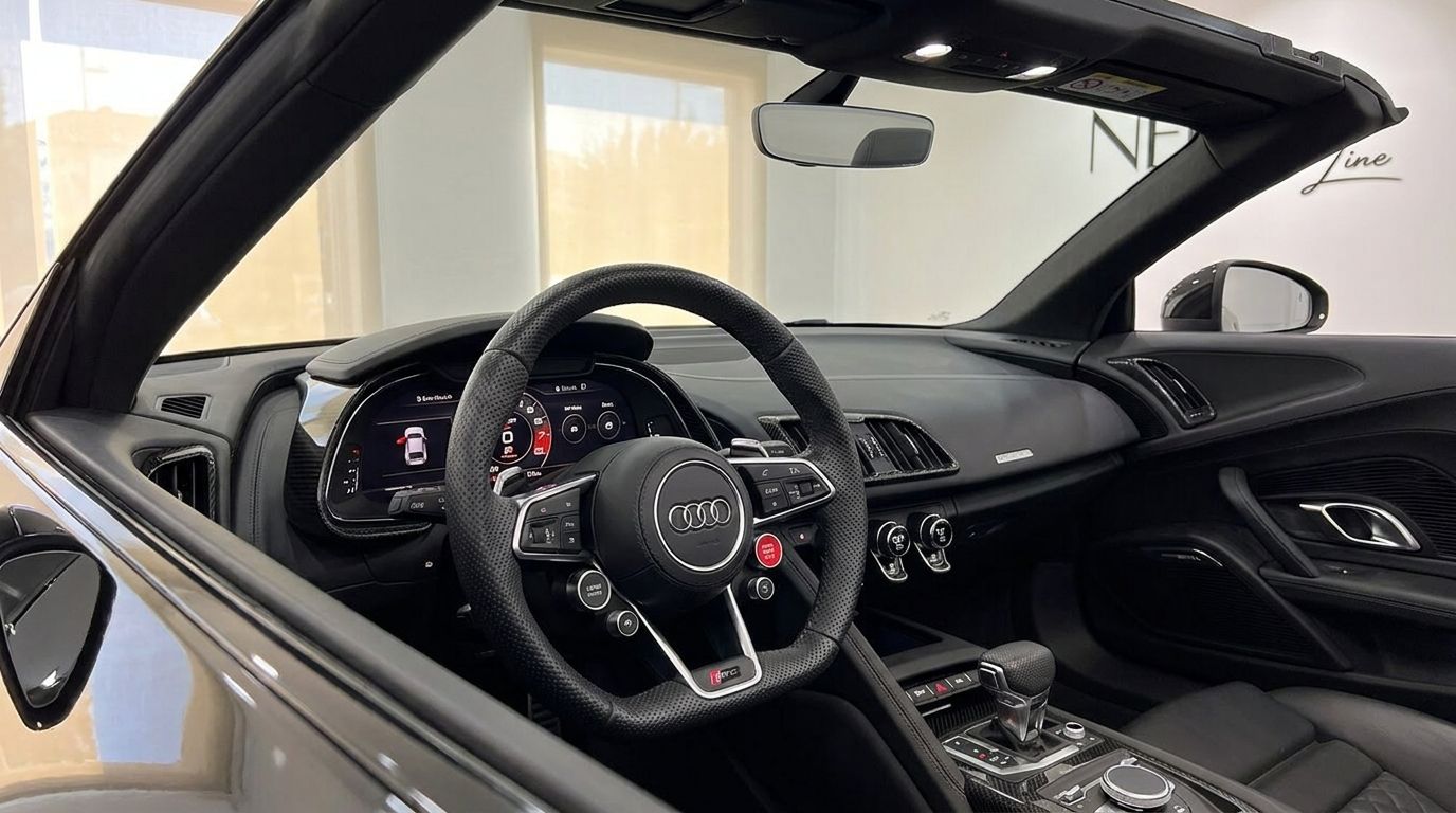El lujoso interior negro del Audi R8 Spyder, mostrando el volante de cuero perforado, el salpicadero digital y la palanca de cambios en Marbella.