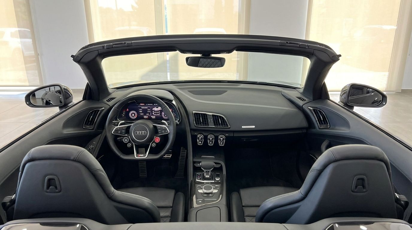 Se aprecia el lujoso interior negro del Audi R8 Spyder, mostrando el volante, el salpicadero y los asientos deportivos en Marbella.