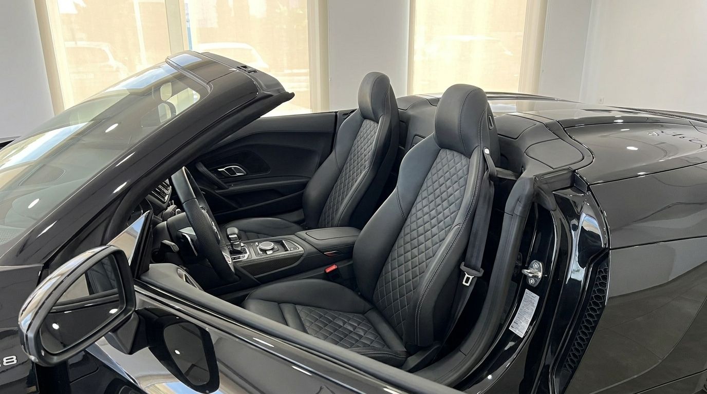 El lujoso interior de cuero negro con costuras de diamante y techo abierto del Audi R8 Spyder en Marbella.