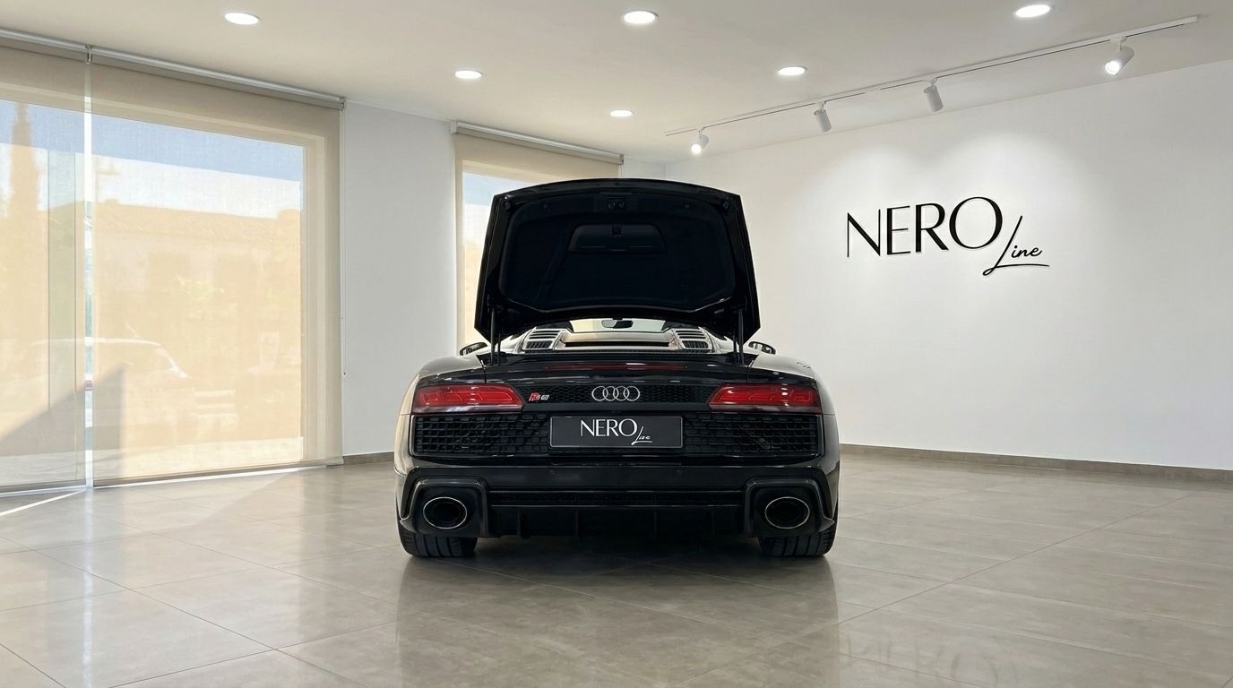 El Audi R8 Spyder 2020 negro se muestra desde la parte trasera con el compartimento del motor abierto, aparcado en un concesionario en Marbella.