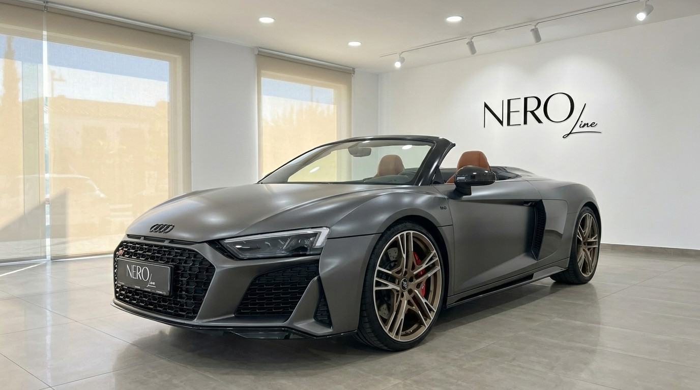 Audi R8 Spyder — Vista frontal tres cuartos El Audi R8 Spyder descapotable gris oscuro mate está aparcado en el interior, mostrando su vista frontal tres cuartos y lujoso interior marrón en Marbella.