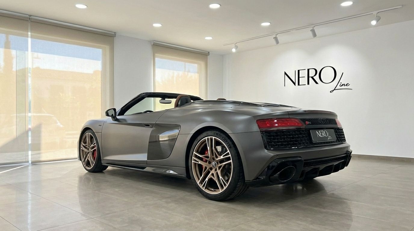 El Audi R8 Spyder descapotable gris oscuro mate se exhibe desde un ángulo trasero tres cuartos en interiores en Marbella, con el logo de NEROline.