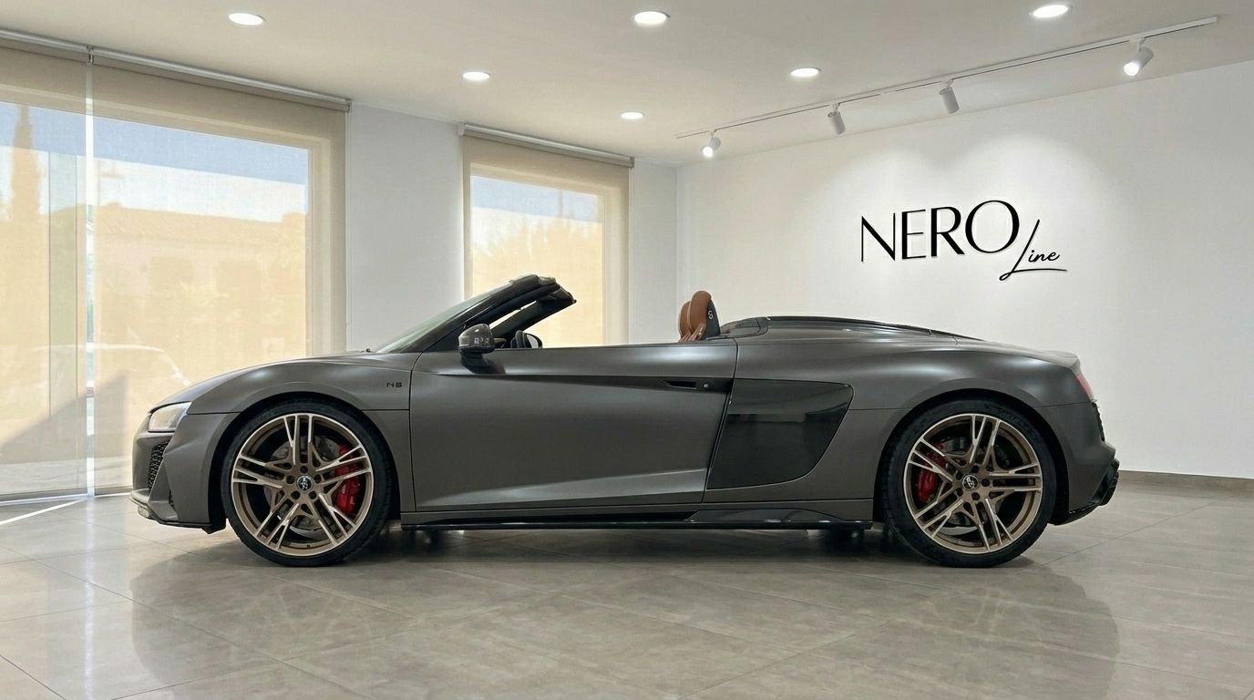 El Audi R8 Spyder descapotable gris oscuro mate se muestra de perfil con la capota bajada, revelando el interior marrón, estacionado en un concesionario en Marbella.
