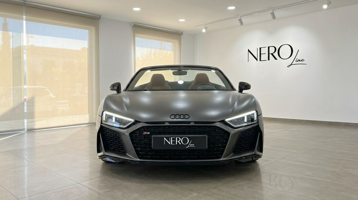 El Audi R8 Spyder convertible gris oscuro mate 2018 se exhibe de frente con la capota bajada en un showroom de Marbella.