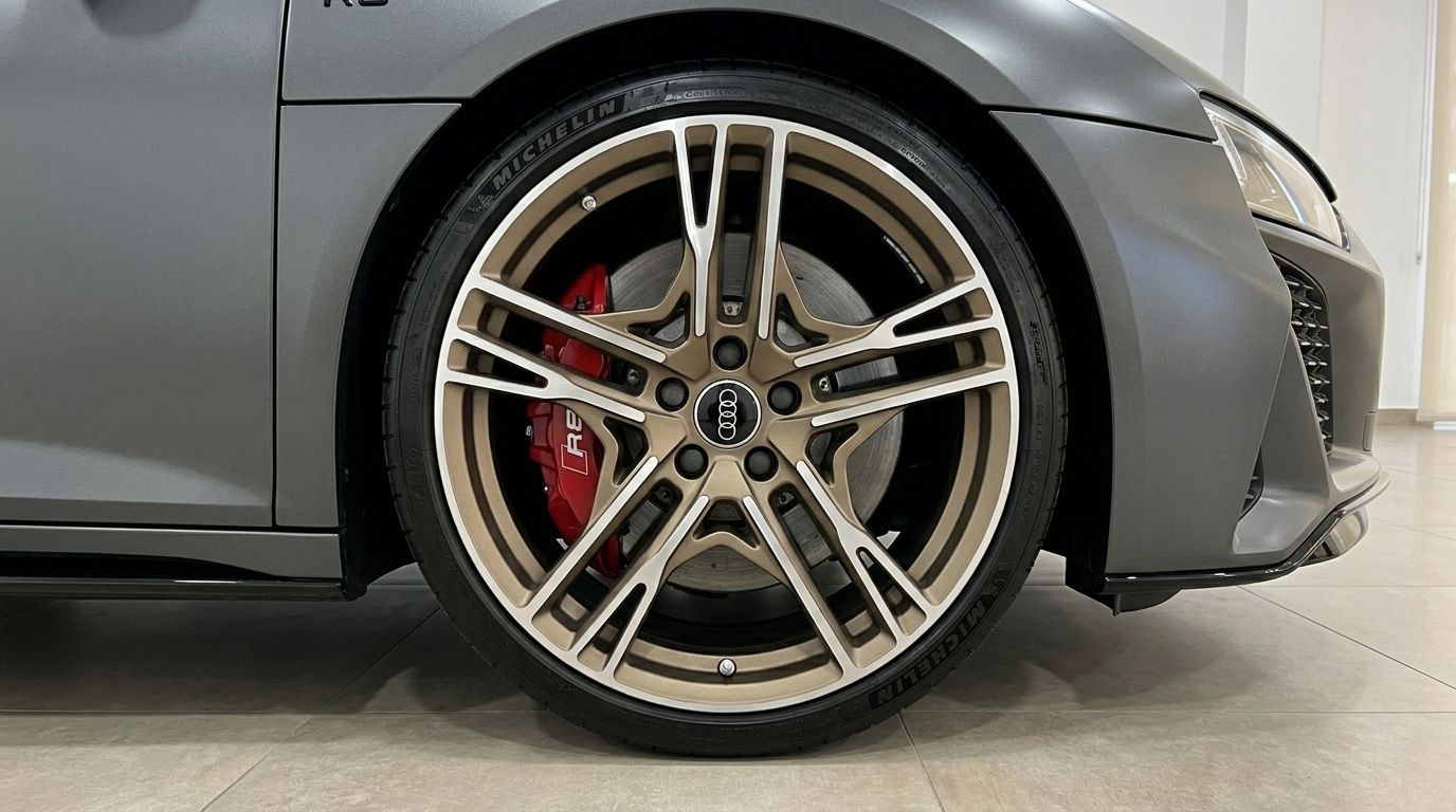La rueda delantera del Audi R8 Spyder con una distintiva llanta multirradio de bronce y pinza de freno roja, mostrando su carrocería gris mate.
