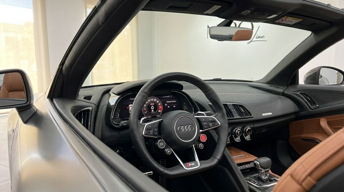 El lujoso interior del habitáculo del Audi R8 Spyder en Marbella, mostrando el volante, el salpicadero y los asientos de cuero marrón.
